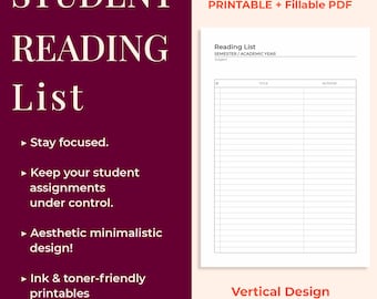 May include: A printable student reading list with a minimalist design. The document includes fields for title and author, and is available in A4, A5, and US Letter sizes. The text on the left side highlights features like focus and assignment control.