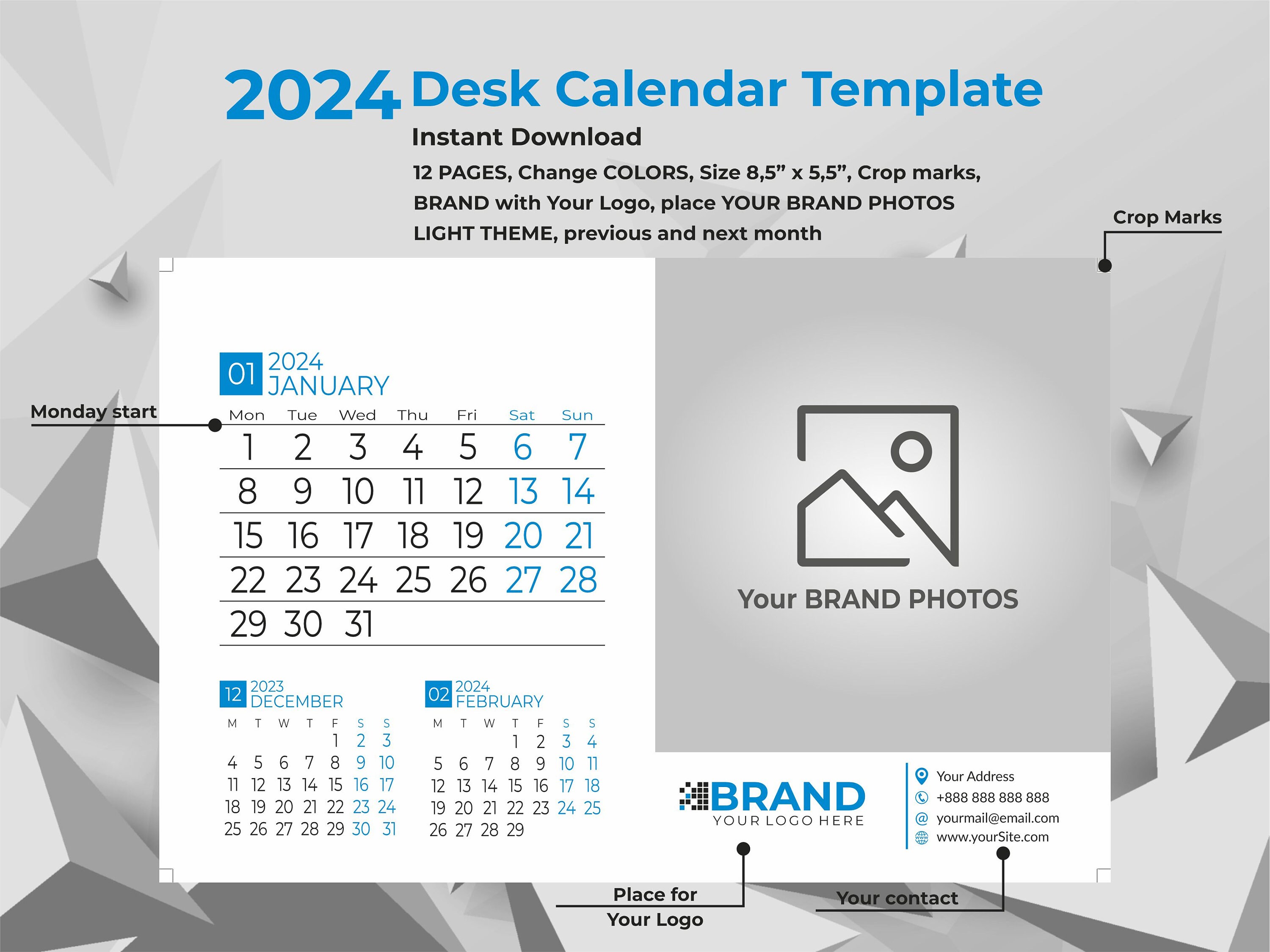 2024 DESK Calendar Template I 8,5 X 5,5 I Office Desk Accessories I Holiday  Business Gifts I Light & Dark Theme - Etsy Israel