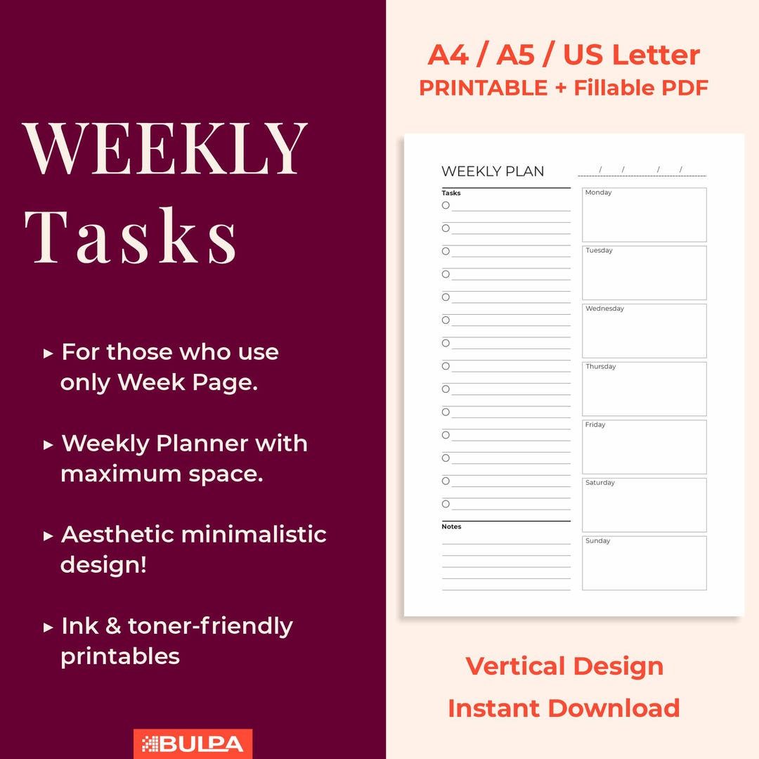 Minimalist Weekly Planner Template – Printable, Fillable PDF - Etsy