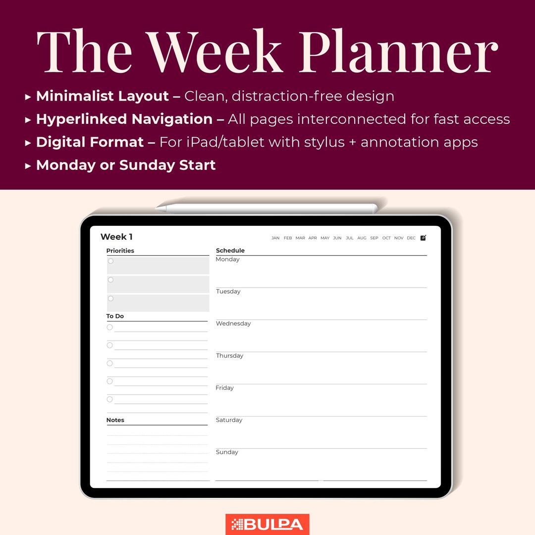 Undated Digital Weekly Planner: Minimalist Hyperlinked PDF for ...