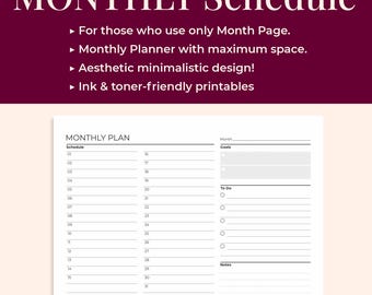 Minimalist Monthly Schedule Planner: Undated, (A4, A5, Letter Size, Fillable PDF)