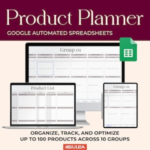 May include: A computer screen displaying a Google spreadsheet template for product planning. The template is titled "Product Planner" and features a product list and group sections. The spreadsheet is designed to help users organize, track, and optimize up to 100 products across 10 groups. The text "ORGANIZE, TRACK, AND OPTIMIZE UP TO 100 PRODUCTS ACROSS 10 GROUPS" is displayed below the spreadsheet.