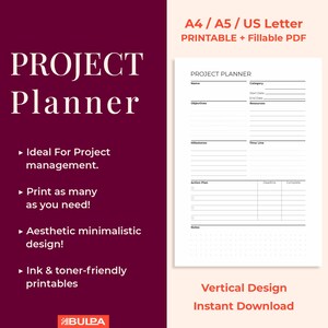 Minimalist Project Planner Printable, Action Steps A4/A5/Letter (Fillable PDF)