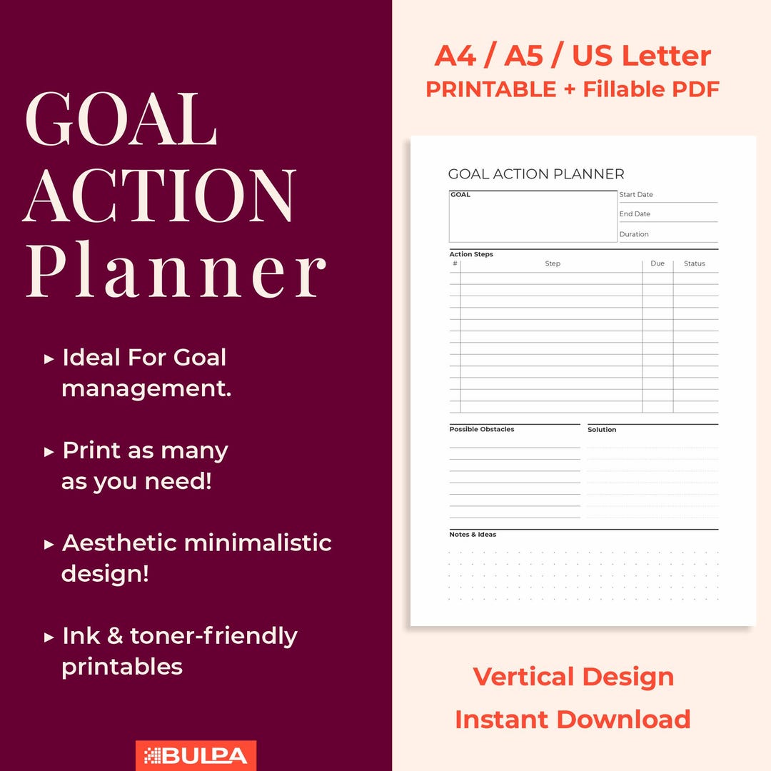 Goal Action Planner Printable Template , Minimalist Design, A5/a4 ...