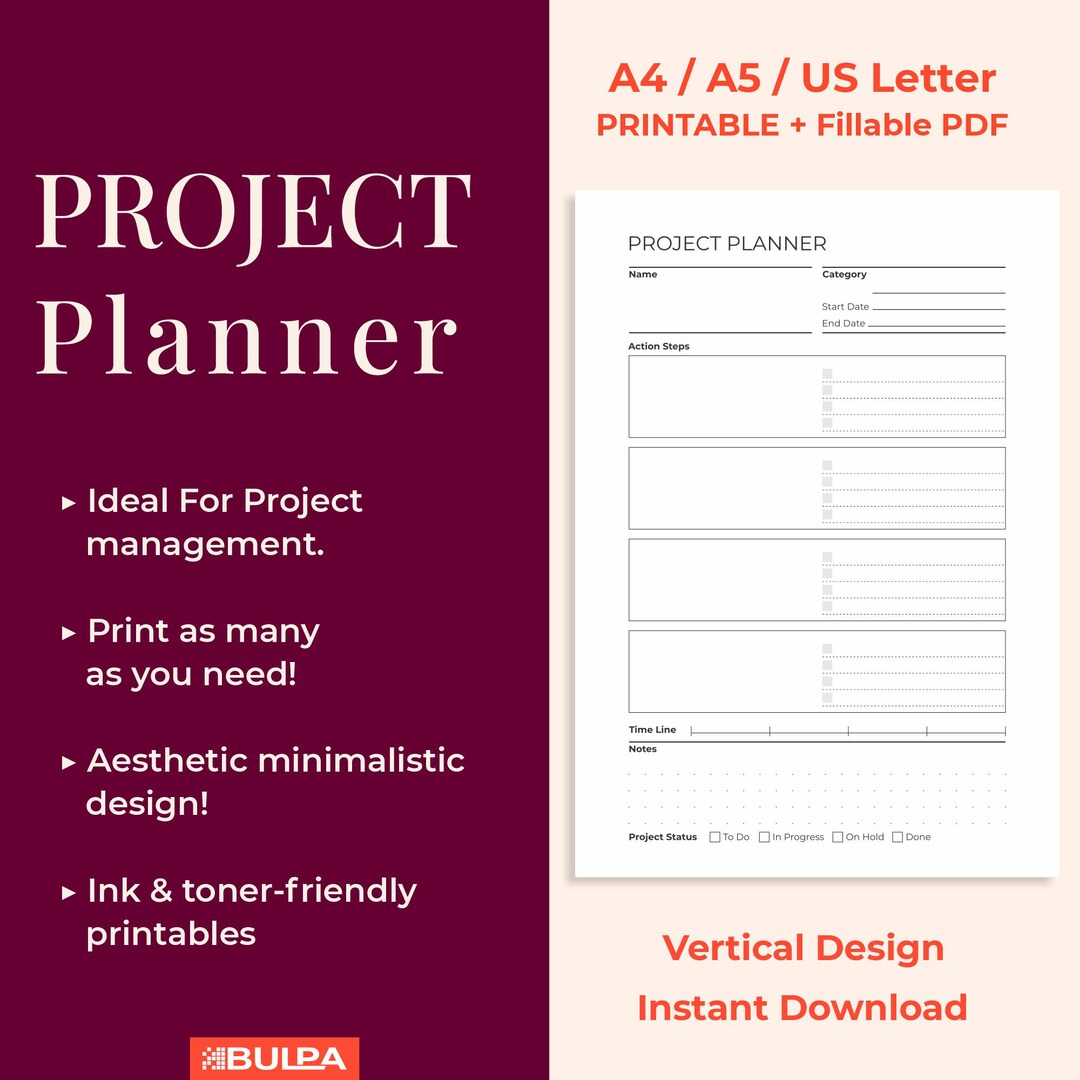 Project Planner With Timeline & Task Checklist Printable (a4/a5/letter ...