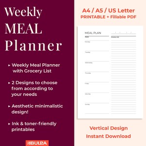 Tygodniowy plan posiłków, wydrukowany organizer do planowania posiłków i list zakupów, A5, A4, rozmiar US Letter, wypełniany plik PDF