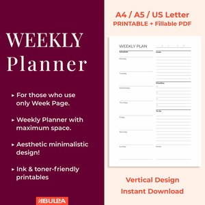 Weekly Planner Printable Toner-Saving Well-Structured Layout undated 1 page, Weekly Schedules,  A5/A4/Letter/Fillable PDF, P103