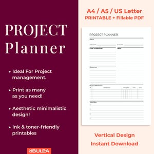 Minimalist Project Planner: Printable (A4/A5/Letter) and Fillable PDF