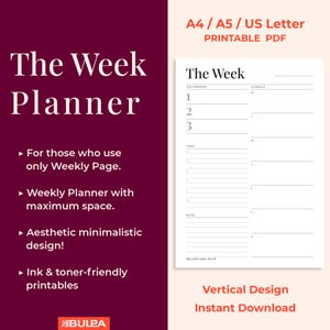 Weekly Planner Printable: Minimalist Schedule, Tasks List (A4, A5, Letter PDF), Collection 123