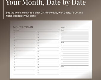 May include: A white monthly planner template with black text and lines. The layout features a schedule section numbered 01-31, a goals section with two bullet points, a to-do list with five bullet points, and a notes section. Text includes Your Month, Date by Date.