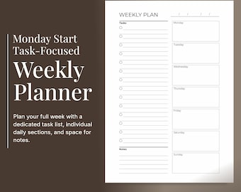 Könnte beinhalten: Eine weiße Wochenplaner-Seite mit schwarzem Text und Linien. Das Layout enthält eine Überschrift mit der Aufschrift WEEKLY PLAN, eine vertikale Aufgabenliste mit runden Kontrollkästchen und sieben rechteckige Tagesabschnitte.