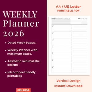 May include: A printable PDF weekly planner for 2026 in A4/US Letter size. The design features dated week pages with space for notes, a minimalist aesthetic, and is ink and toner-friendly. Includes a vertical design for instant download.