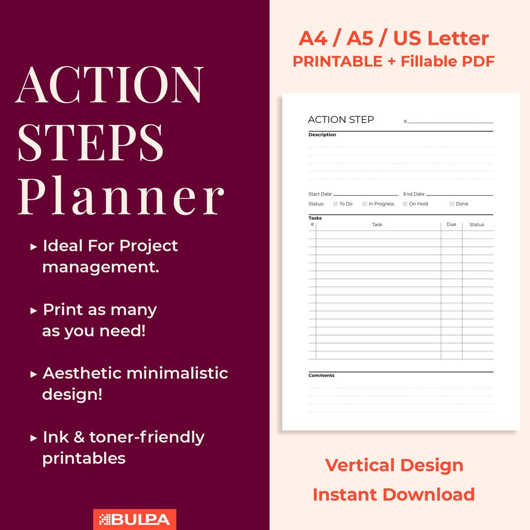 Action Step Planner: Minimalist Printable (a4/a5/letter), Fillable PDF ...