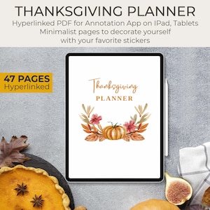 Könnte beinhalten: Ein digitaler Planer mit weißem Hintergrund und einer Aquarell-Illustration von einem Kürbis, Blättern und Blumen. Der Text "Thanksgiving Planner" ist in Kursivschrift über der Illustration geschrieben. Der Planer ist 47 Seiten lang und hyperverlinkt.