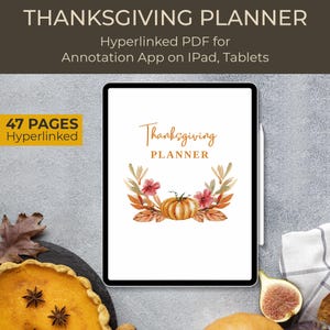 Op de afbeelding: Een digitale tablet met een Thanksgiving-planner met een aquarel-illustratie van een pompoen en herfstbladeren. De tekst "Thanksgiving Planner" staat in cursief op het scherm.