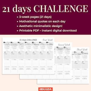 21 Days Challenge Planner | 3-Page Printable Habit Tracker with Motivational Quotes | 3-Week Personal Growth Challenge PDF