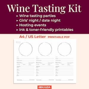Puede incluir: Un kit de cata de vinos imprimible en blanco con tres áreas de cata circulares. El kit incluye espacio para detalles del vino y calificaciones personales. El texto en la imagen incluye "Wine Tasting Kit" y "Ink & toner-friendly printables."
