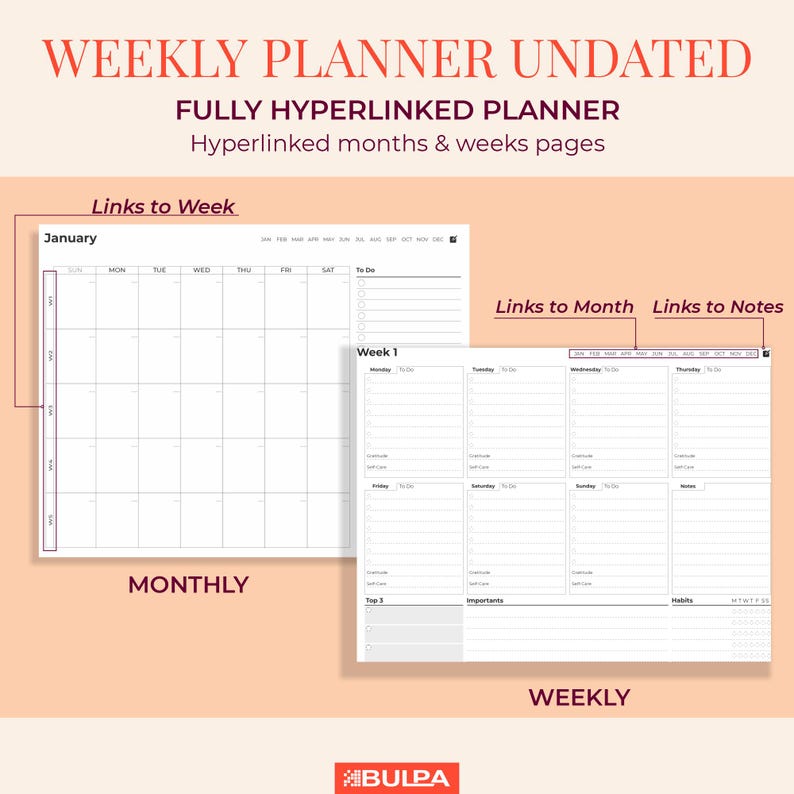Undated Digital Weekly Planner: Minimalist Hyperlinked PDF (goodnotes ...