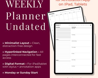 Agenda numérique hebdomadaire non daté : agenda minimaliste Goodnotes pour iPad et Android (PDF avec lien hypertexte)