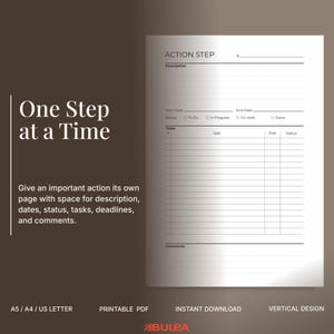 Può includere: Una pagina di pianificazione stampabile bianca intitolata Action Step con campi per descrizione, date di inizio e fine, caselle di controllo dello stato e una tabella delle attività con colonne per numero, descrizione, scadenza e stato.