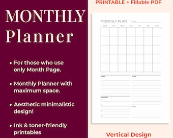 Simple Monthly Planner Printable – Undated, Fillable PDF (A4/A5/Letter)