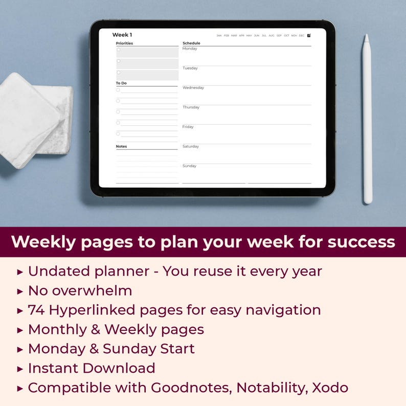 Undated Digital Weekly Planner: Minimalist Hyperlinked PDF for ...