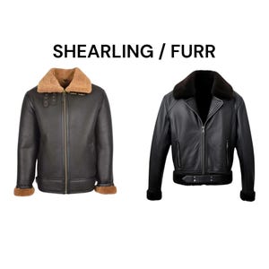 May include: Two leather jackets with shearling or fur collars. The jacket on the left is dark brown with a tan collar and cuffs. The jacket on the right is black with a black collar and cuffs. The text "SHEARLING / FURR" is above the jackets.