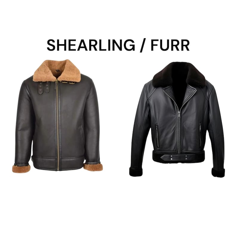 May include: Two leather jackets with shearling or fur collars. The jacket on the left is dark brown with a tan collar and cuffs. The jacket on the right is black with a black collar and cuffs. The text "SHEARLING / FURR" is above the jackets.