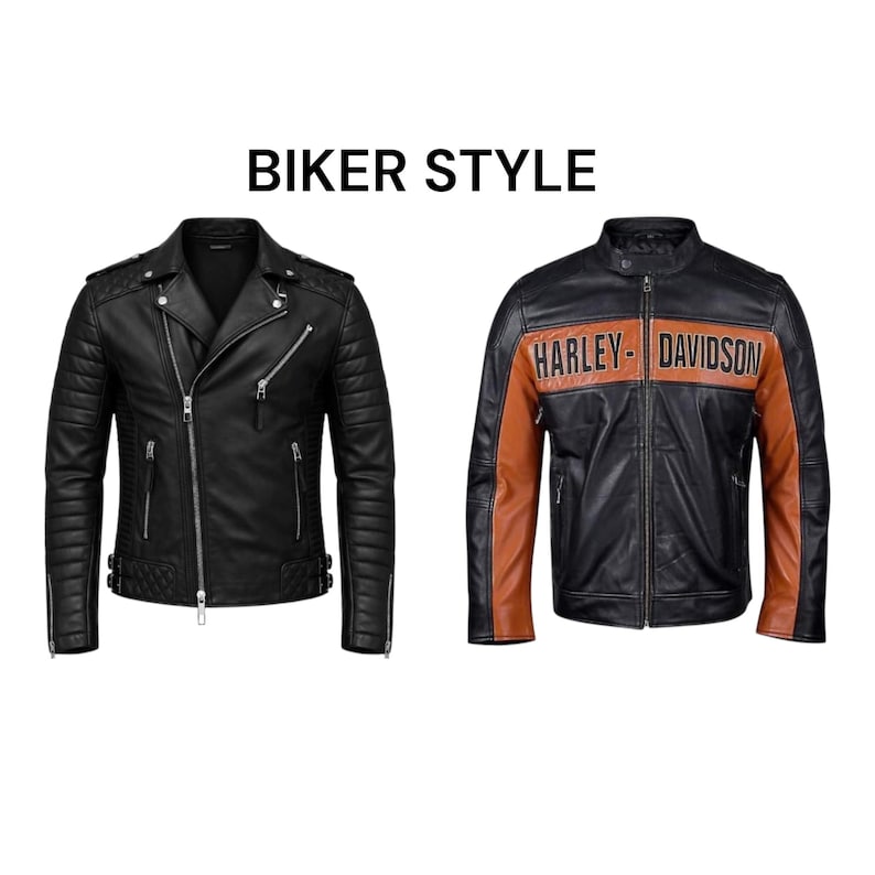 May include: Two black leather biker jackets. The jacket on the left has a quilted design on the shoulders and sleeves, with a diagonal zipper. The jacket on the right is black with brown shoulder and sleeve accents, and the words "HARLEY - DAVIDSON" across the chest. The text "BIKER STYLE" is above the jackets.