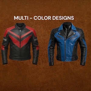 May include: Two leather jackets with "MULTI - COLOR DESIGNS" text. One jacket is black with red chevron stripes, the other is black and blue. Both have zippers and stand-up collars. The jackets are displayed on a brown background.