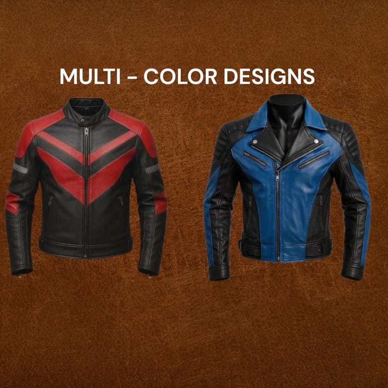 May include: Two leather jackets with "MULTI - COLOR DESIGNS" text. One jacket is black with red chevron stripes, the other is black and blue. Both have zippers and stand-up collars. The jackets are displayed on a brown background.