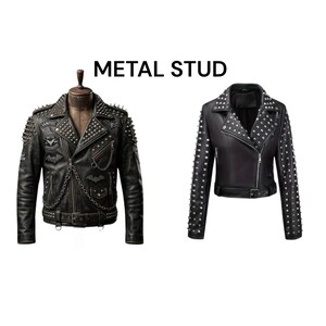 May include: Two black leather jackets with metal stud embellishments. One jacket is displayed on a mannequin, featuring a classic biker style with a notched collar, asymmetrical zipper, and multiple pockets. The other jacket has studs on the shoulders and sleeves.