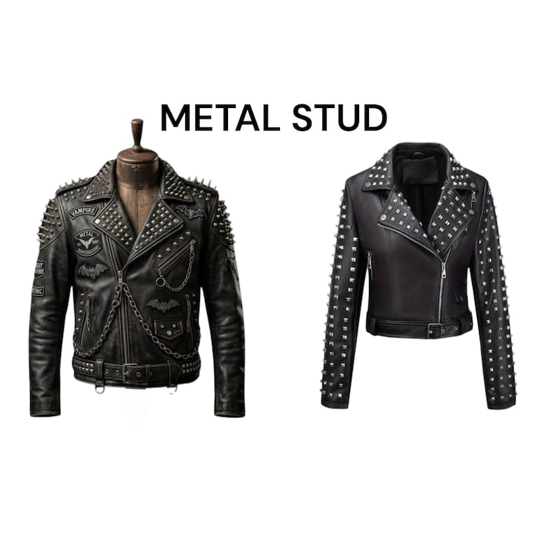May include: Two black leather jackets with metal stud embellishments. One jacket is displayed on a mannequin, featuring a classic biker style with a notched collar, asymmetrical zipper, and multiple pockets. The other jacket has studs on the shoulders and sleeves.