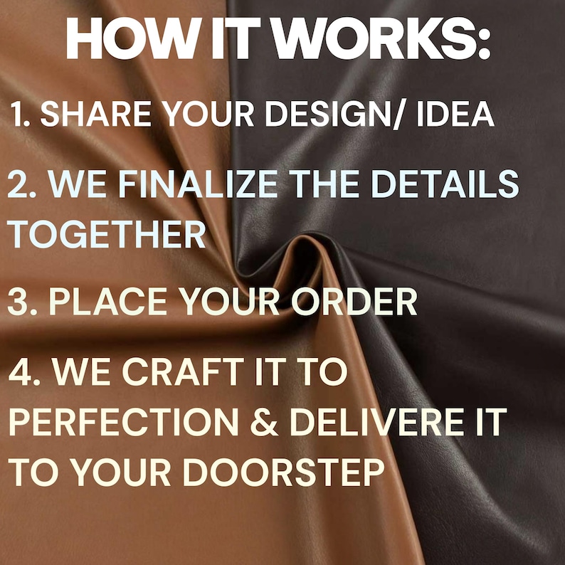 May include: Image showing the process: Share your design, finalize details, place your order, and we craft it to perfection and deliver it to your doorstep. The background is a split of brown and dark brown leather.