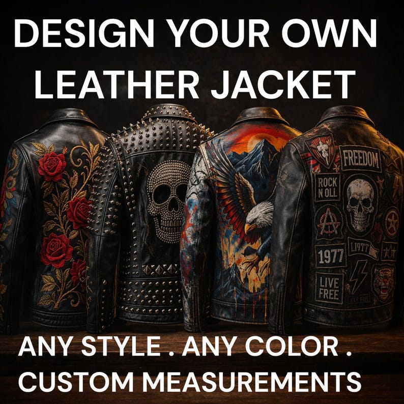 May include: Four custom leather jackets with unique designs. One features red roses, another a studded skull, a third an eagle and mountain scene, and the last has patches with skulls and the word "Freedom". The text reads "DESIGN YOUR OWN LEATHER JACKET".