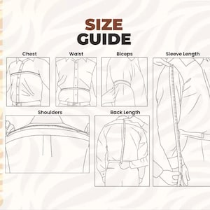 May include: A size guide graphic with illustrations demonstrating how to measure chest, waist, biceps, sleeve length, shoulders, and back length. The text "SIZE GUIDE" is in brown, with a cream-colored background.