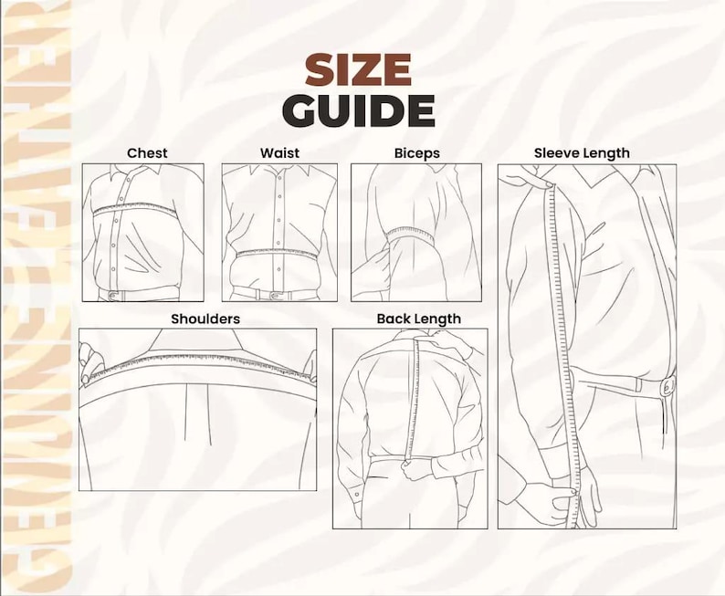 May include: A size guide graphic with illustrations demonstrating how to measure chest, waist, biceps, sleeve length, shoulders, and back length. The text "SIZE GUIDE" is in brown, with a cream-colored background.