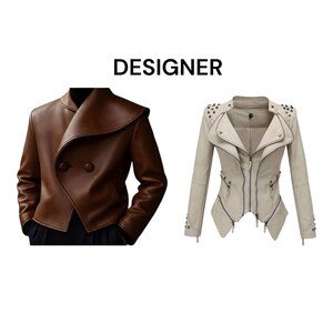 May include: Two designer leather jackets. The first is a brown, double-breasted jacket with a unique collar. The second is a light beige jacket with silver studs and zippers. The word "DESIGNER" is printed above the jackets.