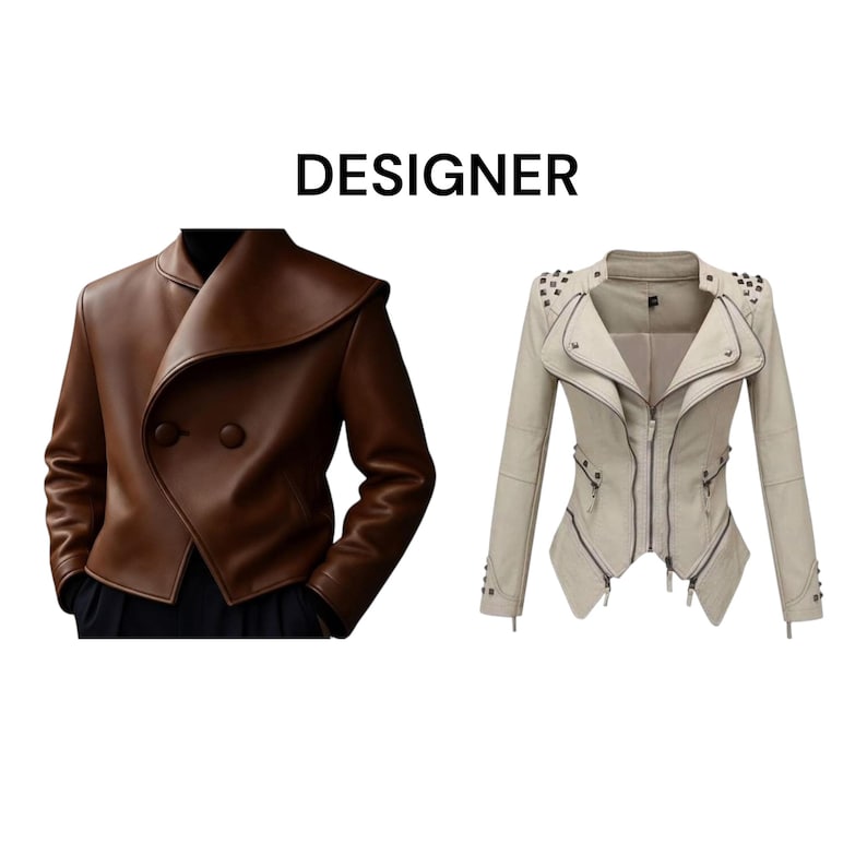 May include: Two designer leather jackets. The first is a brown, double-breasted jacket with a unique collar. The second is a light beige jacket with silver studs and zippers. The word "DESIGNER" is printed above the jackets.
