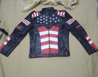 Superhero-Inspired Men’s Leather Biker Jacket | American Flag Design Handmade Motorcycle Jacket