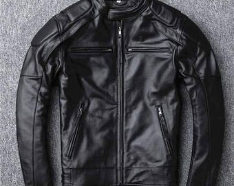 Schwarze Motorradjacke aus Rindsleder | Gepolsterte Cafe Racer Bikerjacke