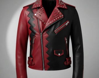Red Black Leather Biker Jacket With Studs | Punk Style Motorcycle Jacket