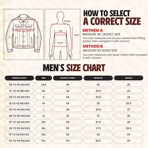 May include: A size chart for jackets, with measurements in inches. Includes a diagram of a jacket and a person, with instructions on how to measure for the correct size. The chart lists chest, sleeve, and length measurements.
