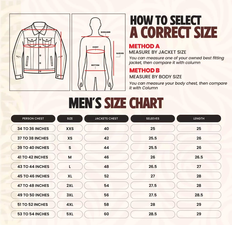 May include: A size chart for jackets, with measurements in inches. Includes a diagram of a jacket and a person, with instructions on how to measure for the correct size. The chart lists chest, sleeve, and length measurements.