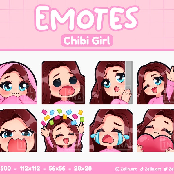 Chibi Girl | Emote Bundle for Twitch, Discord and YouTube | Burgundy Hair, Blue Eyes, Pale Skin | Stream Assets, Cute, Pink