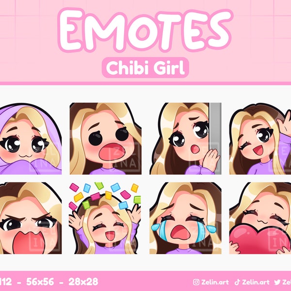 Chibi Girl | Emote Bundle for Twitch, Discord and YouTube | Brown/Blonde Hair, Black Eyes, Pale Skin | Stream Assets, Cute, Purple