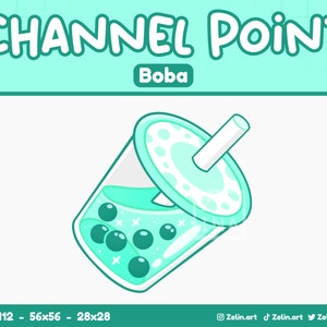 Op de afbeelding: Een turquoise afbeelding van een boba-theedrank met de tekst "CHANNEL POINT" en "Boba". De drank zit in een doorzichtige beker met een deksel en een rietje, gevuld met turquoise vloeistof en donkere boba-parels. De achtergrond is licht turquoise.
