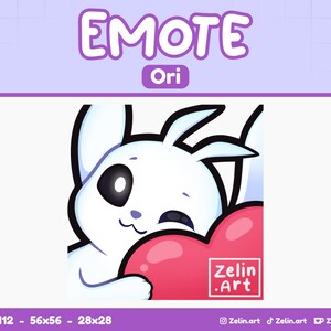 May include: Digital art of a white cartoon character winking and holding a pink heart. The character is an Ori emote. The image has the text "EMOTE Ori" at the top and the artist's logo at the bottom.