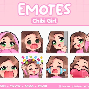 Chibi Girl | Emote Bundle for Twitch, Discord and YouTube | Brown Hair, Green Eyes, Pale Skin | Stream Assets, Cute, Pink