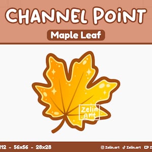 Peut inclure: Illustration de feuille d'érable jaune et orange avec un contour marron. Le texte « CHANNEL POINT » et « Maple Leaf » sont en haut. L'image a une bordure blanche et un fond marron.